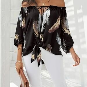 Olivia Mark Black Off‑Shoulder Feather Print Blouse Size Xl